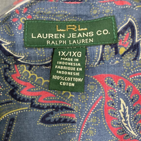Lauren Ralph Lauren size 1X Blue Multi Paisley Rolled Sleeve Preppy Button Up - Picture 7 of 9